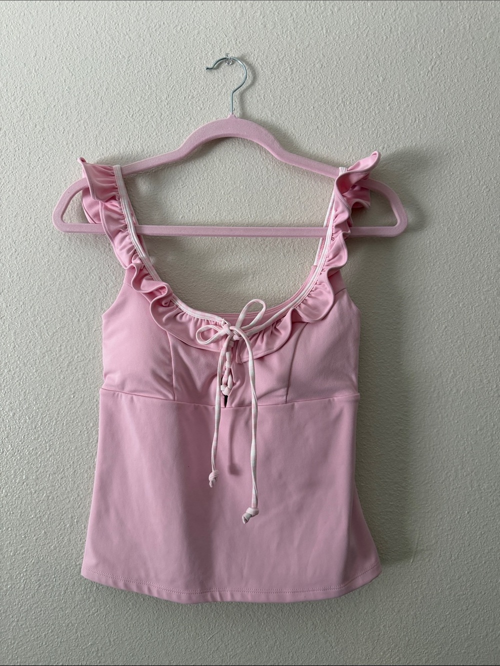 Ruffle-Trim Pink Tie-Front Tank Top